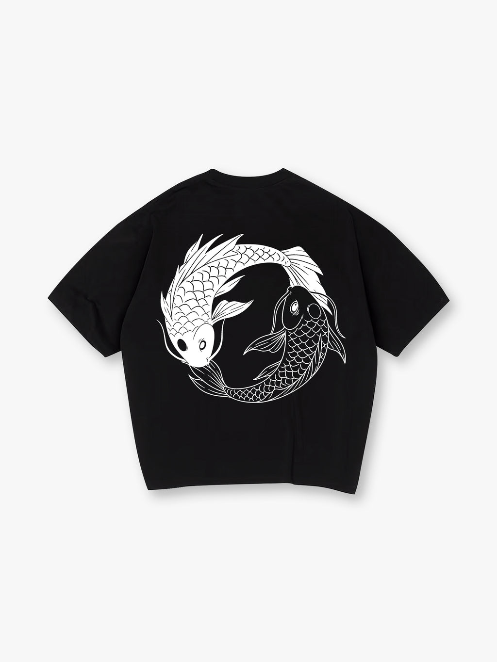 Minimal Yin Yang Black White Japanese Koi Fish Circle Line Art Back Print T-Shirt