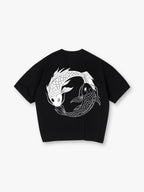 Minimal Yin Yang Black White Japanese Koi Fish Circle Line Art Back Print T-Shirt