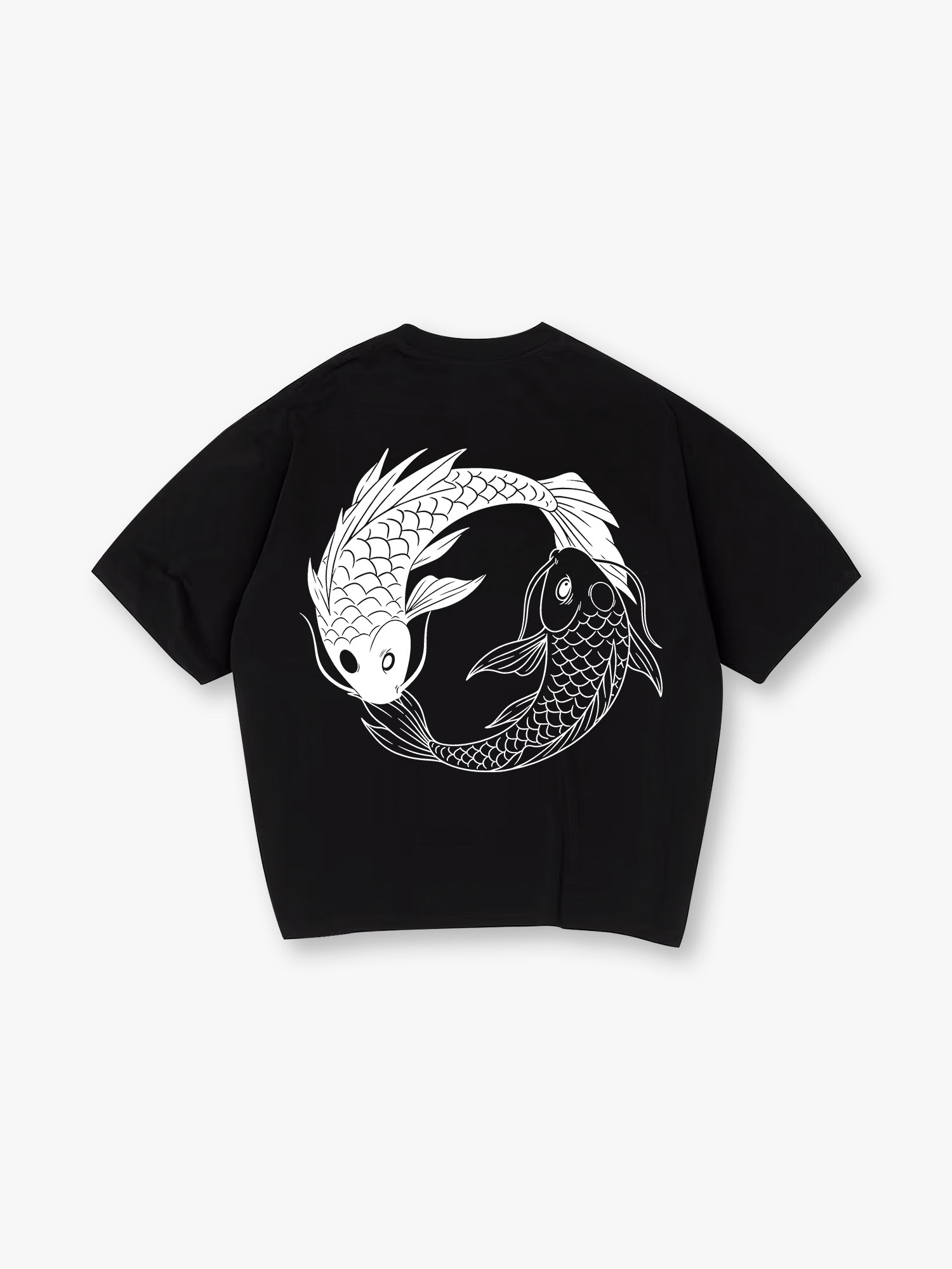 Minimal Yin Yang Black White Japanese Koi Fish Circle Line Art Back Print T-Shirt
