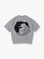 Minimal Yin Yang Black White Japanese Koi Fish Circle Line Art Back Print T-Shirt