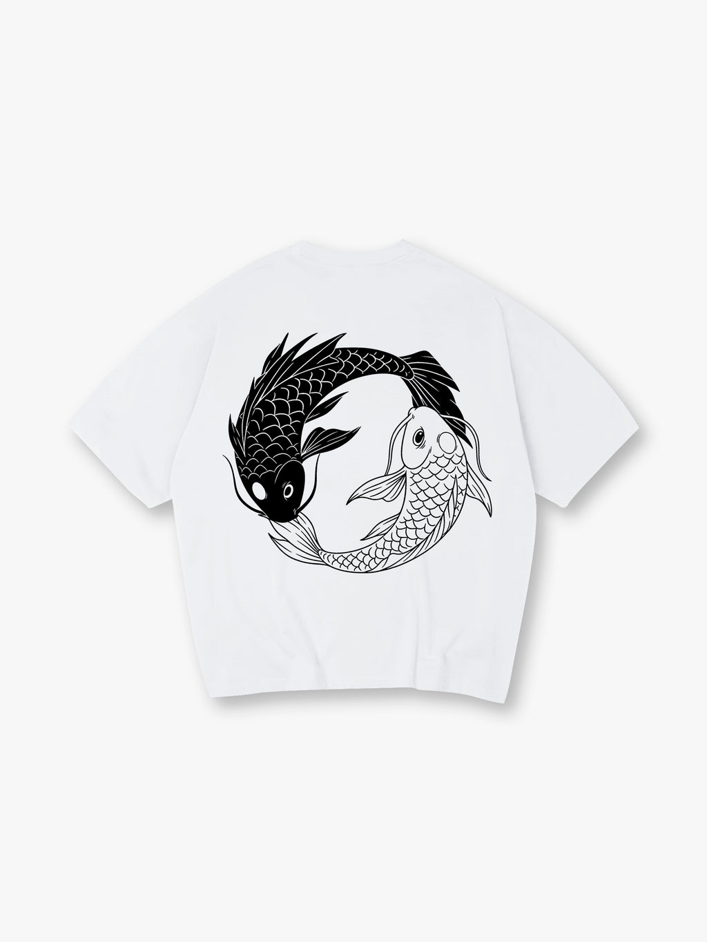 Minimal Yin Yang Black White Japanese Koi Fish Circle Line Art Back Print T-Shirt