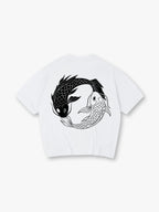 Minimal Yin Yang Black White Japanese Koi Fish Circle Line Art Back Print T-Shirt