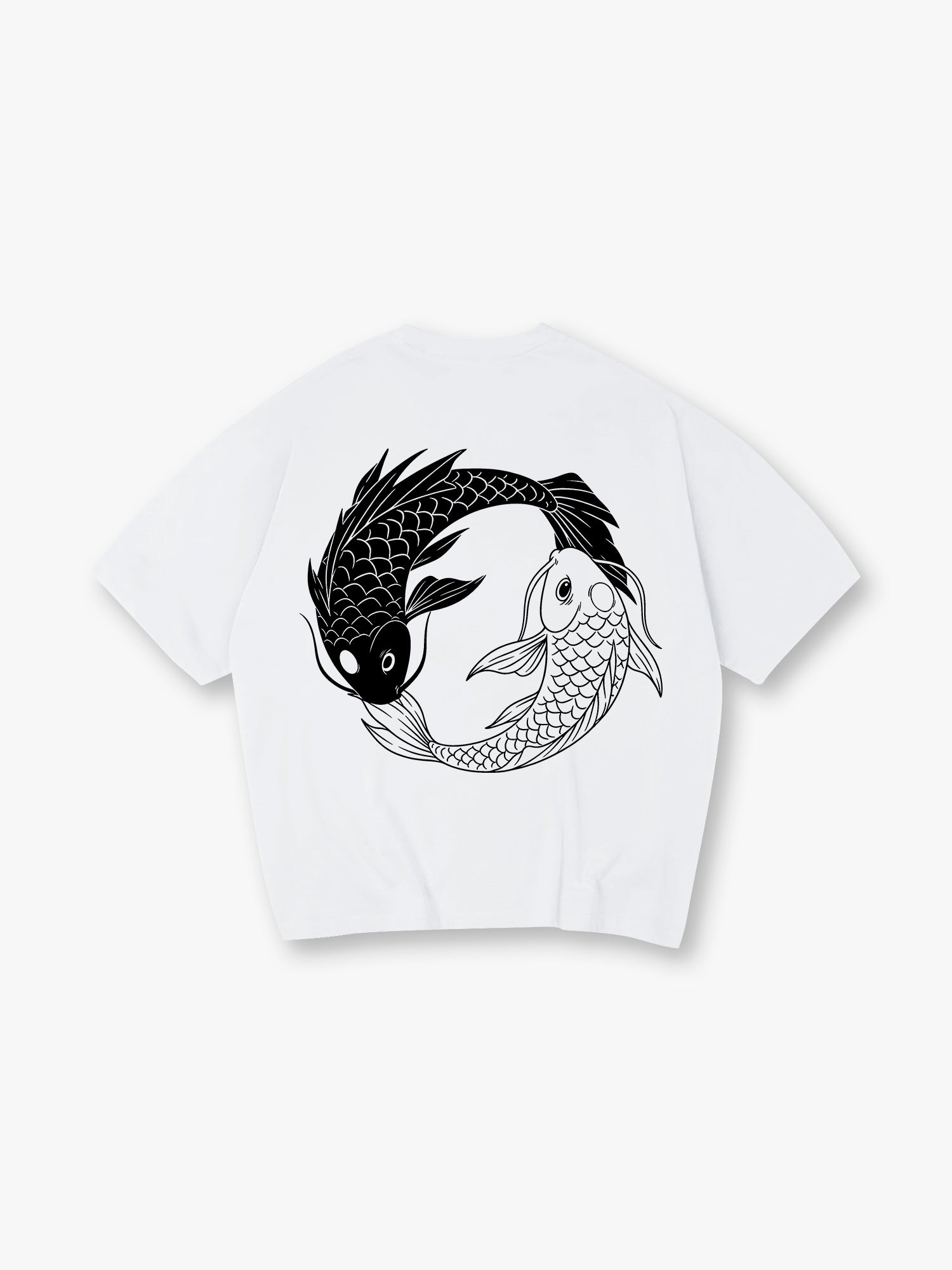 Minimal Yin Yang Black White Japanese Koi Fish Circle Line Art Back Print T-Shirt