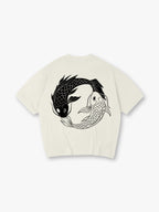Minimal Yin Yang Black White Japanese Koi Fish Circle Line Art Back Print T-Shirt