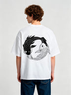 Minimal Yin Yang Black White Japanese Koi Fish Circle Line Art Back Print T-Shirt