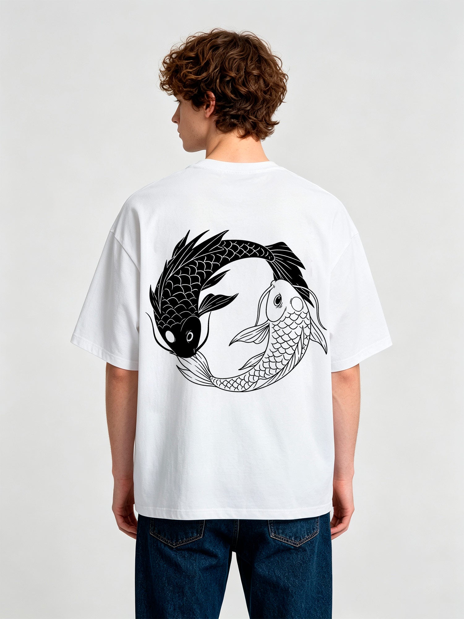 Minimal Yin Yang Black White Japanese Koi Fish Circle Line Art Back Print T-Shirt