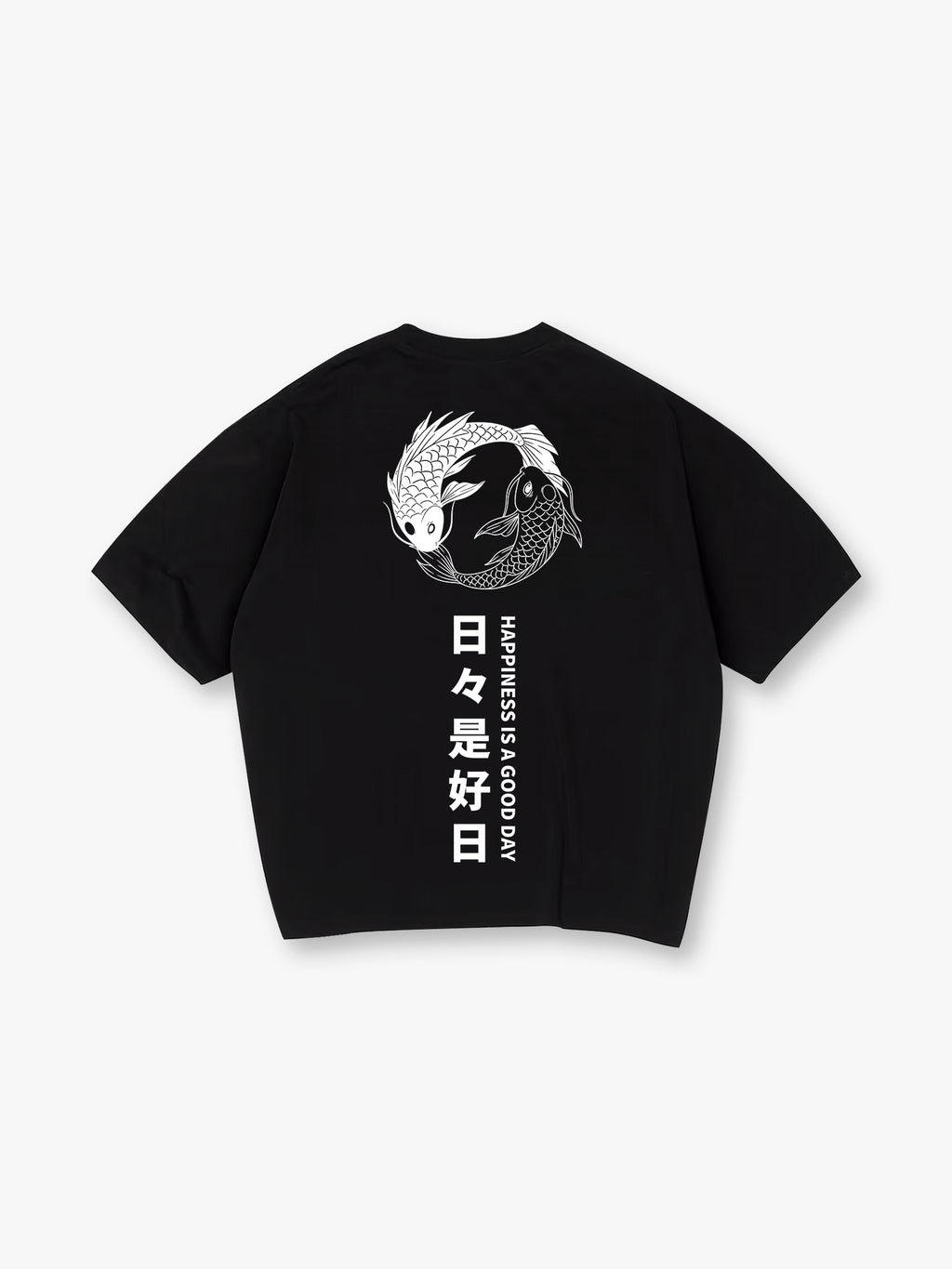 Yin Yang Black White Koi Fish Japanese Kanji Happiness Quote Vertical Text Back Print T-Shirt