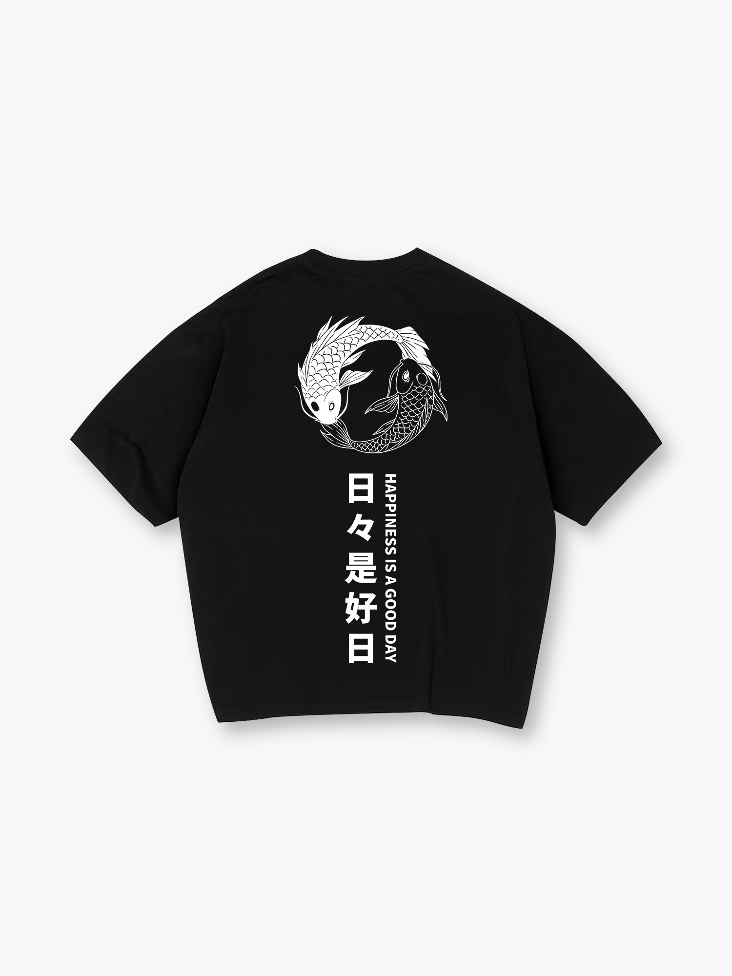 Yin Yang Black White Koi Fish Japanese Kanji Happiness Quote Vertical Text Back Print T-Shirt