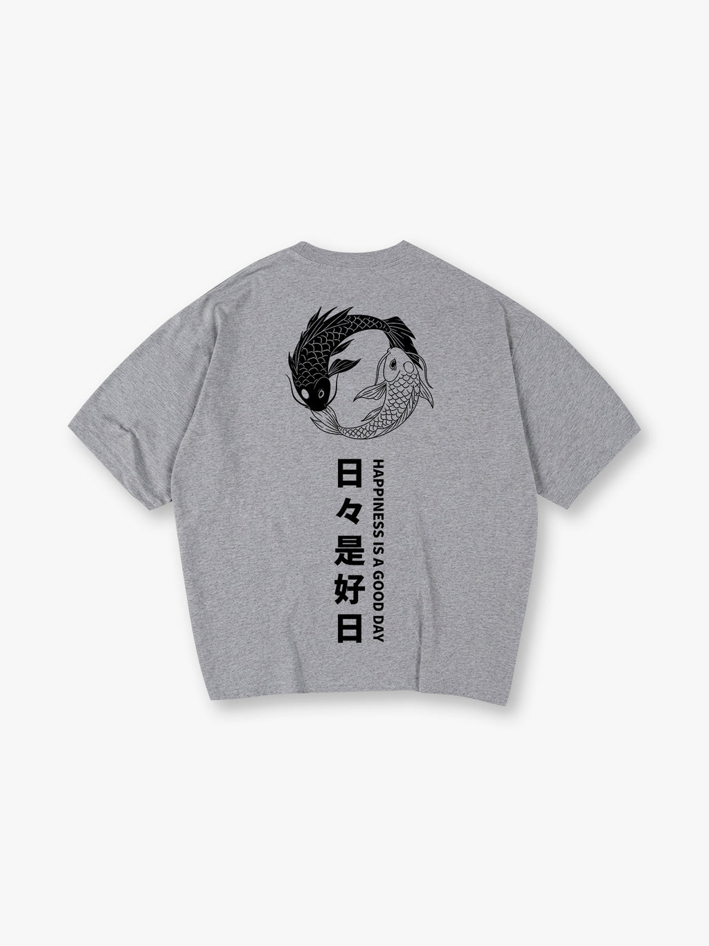 Yin Yang Black White Koi Fish Japanese Kanji Happiness Quote Vertical Text Back Print T-Shirt