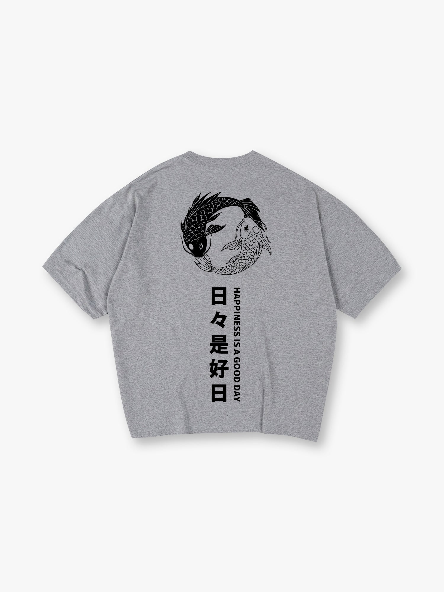 Yin Yang Black White Koi Fish Japanese Kanji Happiness Quote Vertical Text Back Print T-Shirt