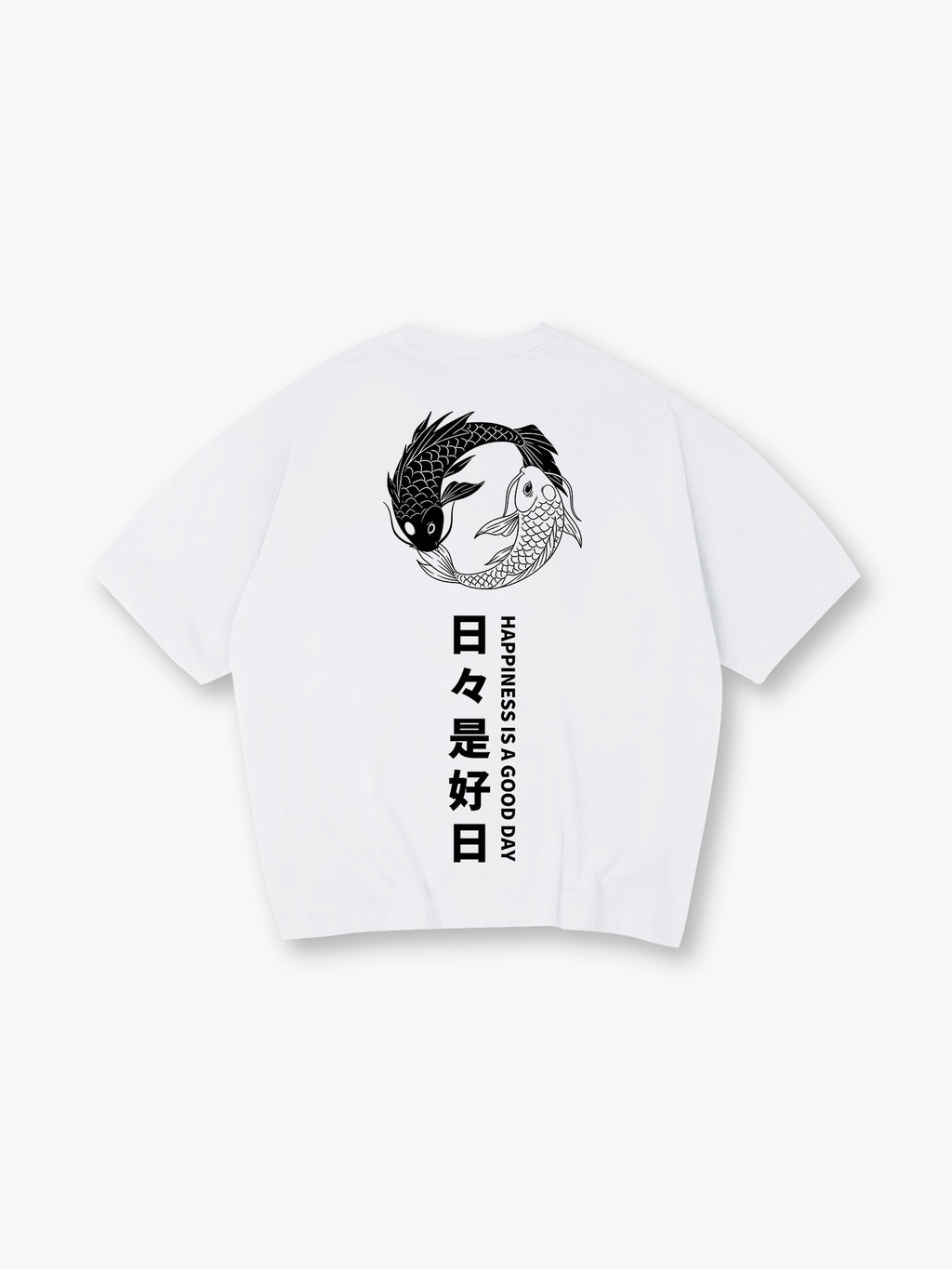 Yin Yang Black White Koi Fish Japanese Kanji Happiness Quote Vertical Text Back Print T-Shirt