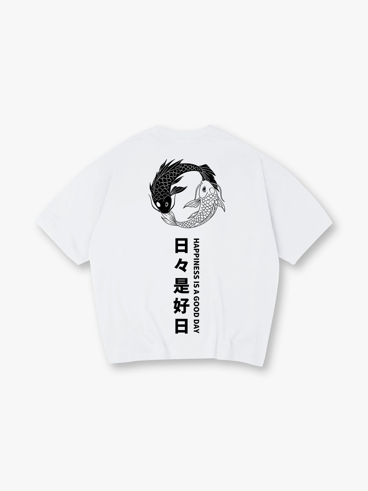 Yin Yang Black White Koi Fish Japanese Kanji Happiness Quote Vertical Text Back Print T-Shirt