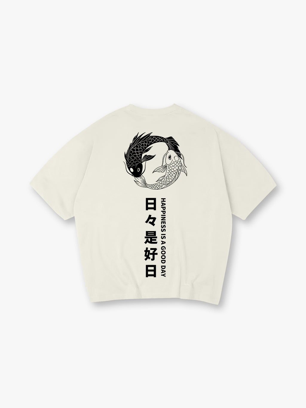 Yin Yang Black White Koi Fish Japanese Kanji Happiness Quote Vertical Text Back Print T-Shirt