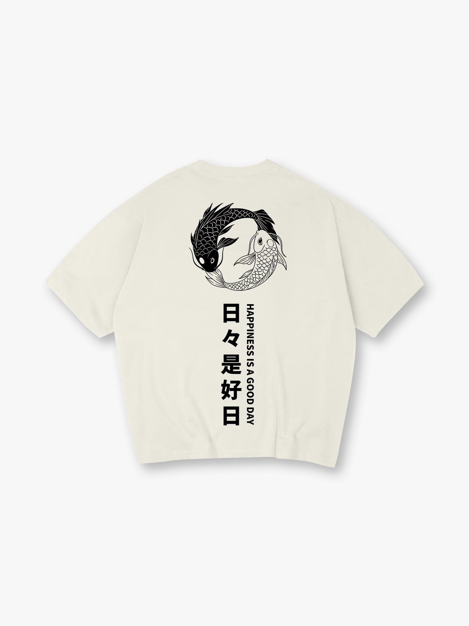 Yin Yang Black White Koi Fish Japanese Kanji Happiness Quote Vertical Text Back Print T-Shirt