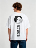 Yin Yang Black White Koi Fish Japanese Kanji Happiness Quote Vertical Text Back Print T-Shirt