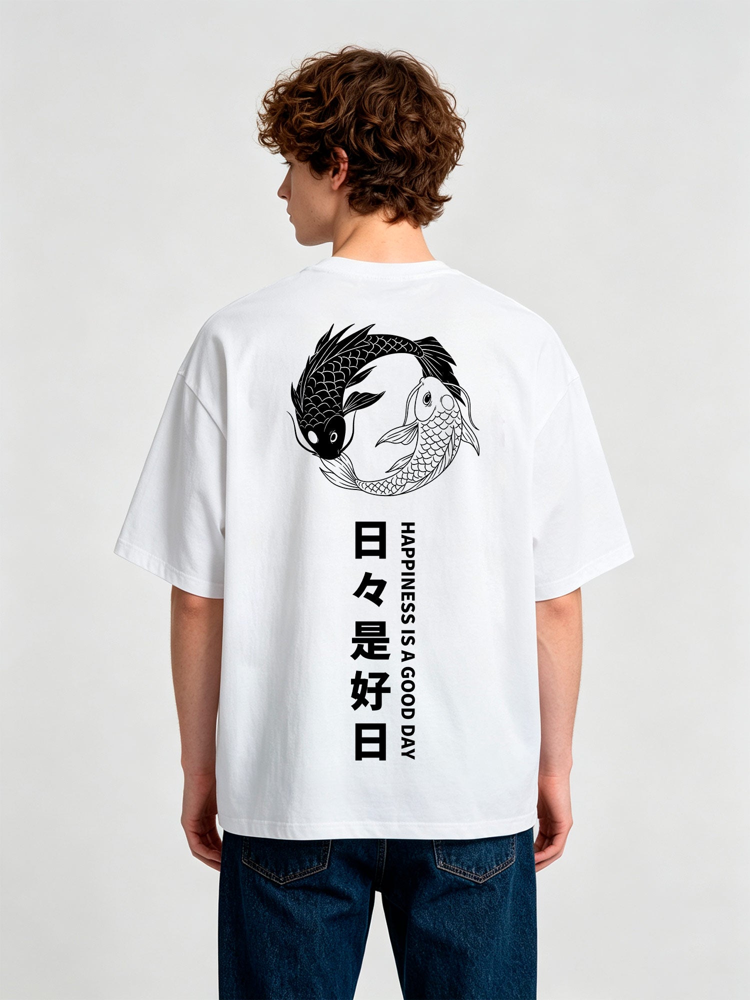 Yin Yang Black White Koi Fish Japanese Kanji Happiness Quote Vertical Text Back Print T-Shirt