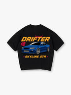 JDM Legend Drifter Blue Nissan Skyline GTR R34 Car Japanese Soul Kanji Back Print T-Shirt