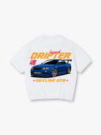 JDM Legend Drifter Blue Nissan Skyline GTR R34 Car Japanese Soul Kanji Back Print T-Shirt