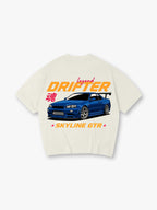 JDM Legend Drifter Blue Nissan Skyline GTR R34 Car Japanese Soul Kanji Back Print T-Shirt