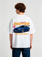 JDM Legend Drifter Blue Nissan Skyline GTR R34 Car Japanese Soul Kanji Back Print T-Shirt