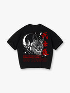 Japanese Hannya Oni Mask Skull Bushido Red Kanji Honor Quote God Stamped Back Print T-Shirt