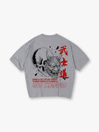 Japanese Hannya Oni Mask Skull Bushido Red Kanji Honor Quote God Stamped Back Print T-Shirt