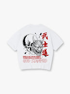 Japanese Hannya Oni Mask Skull Bushido Red Kanji Honor Quote God Stamped Back Print T-Shirt