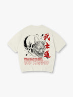 Japanese Hannya Oni Mask Skull Bushido Red Kanji Honor Quote God Stamped Back Print T-Shirt
