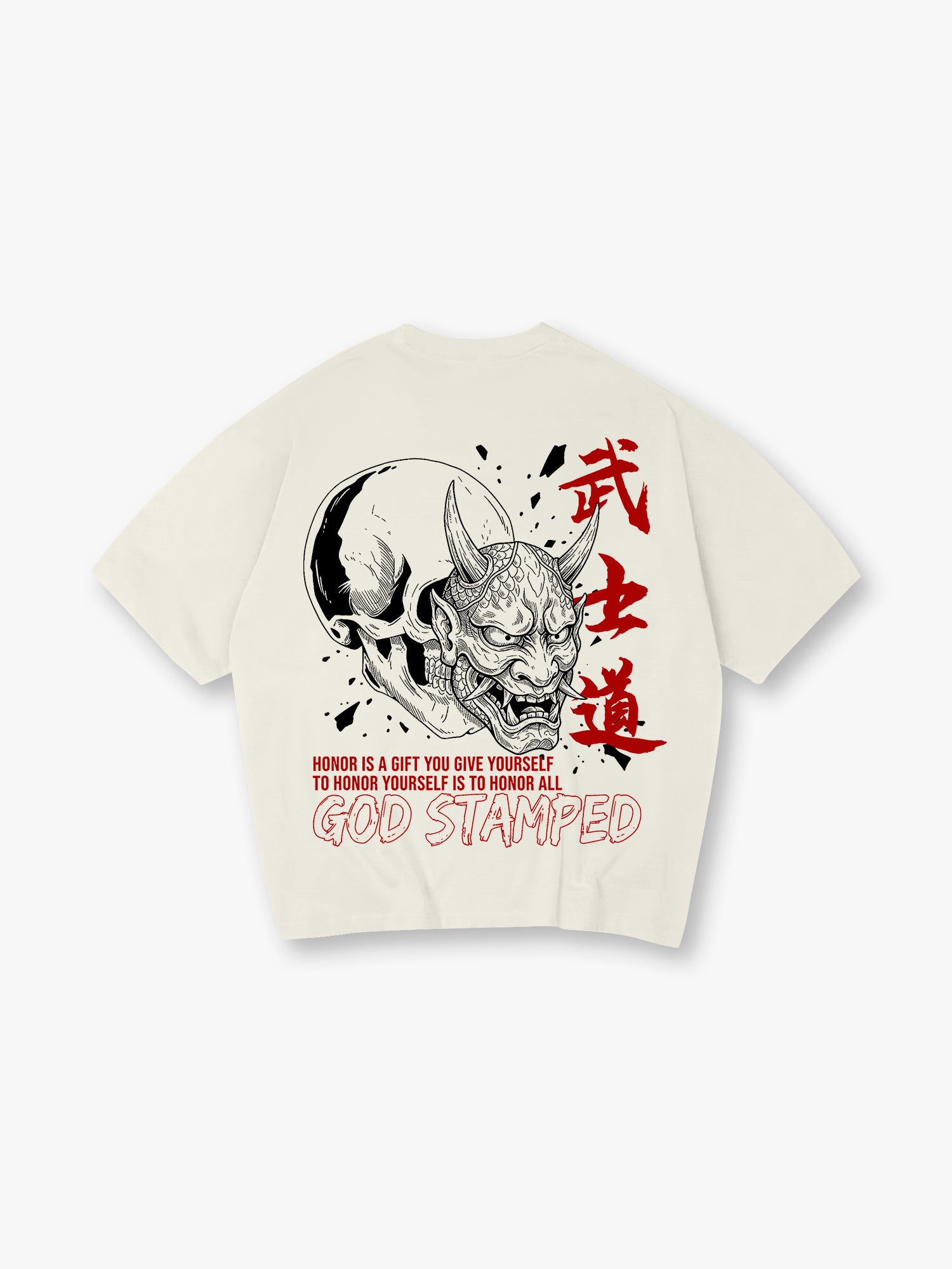 Japanese Hannya Oni Mask Skull Bushido Red Kanji Honor Quote God Stamped Back Print T-Shirt