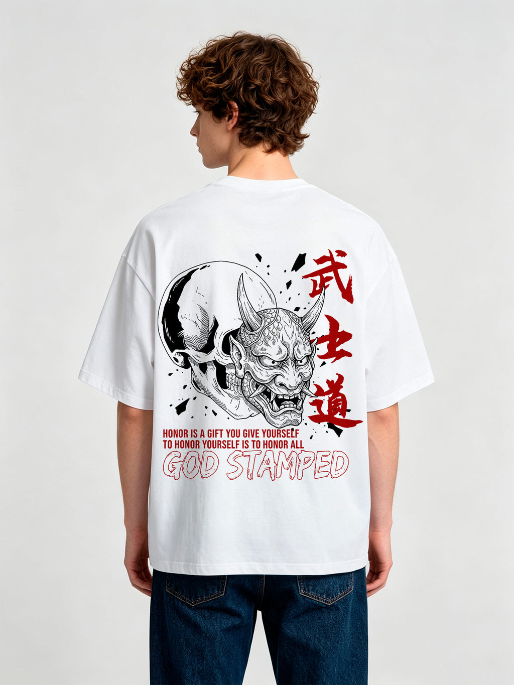 Japanese Hannya Oni Mask Skull Bushido Red Kanji Honor Quote God Stamped Back Print T-Shirt