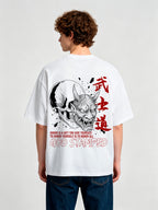 Japanese Hannya Oni Mask Skull Bushido Red Kanji Honor Quote God Stamped Back Print T-Shirt