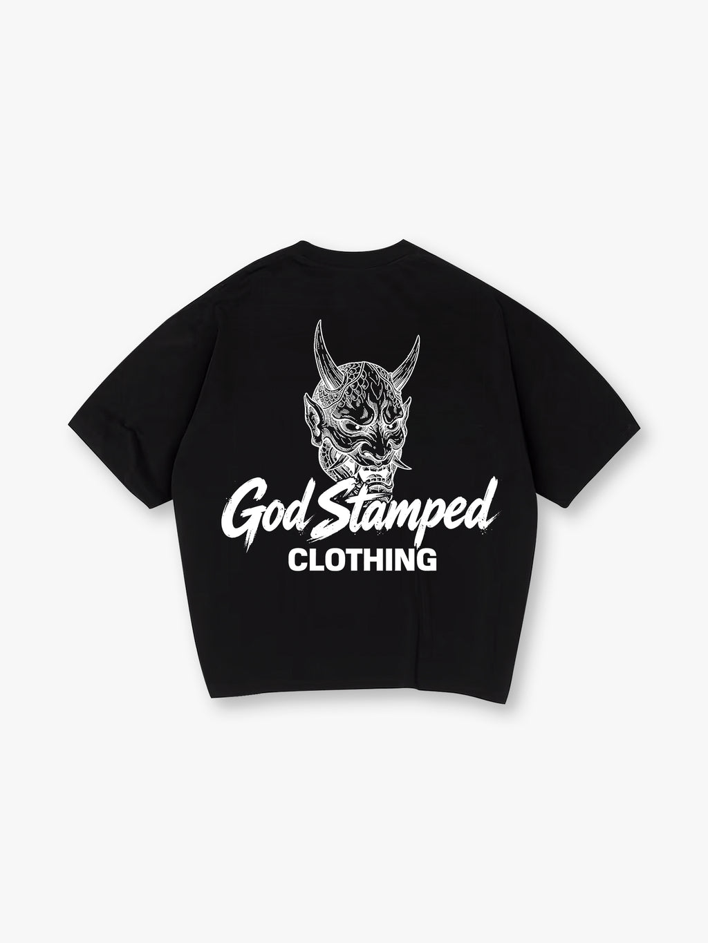 Japanese Hannya Oni Demon Mask God Stamped Clothing Brush Text Back Print T-Shirt