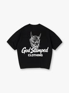 Japanese Hannya Oni Demon Mask God Stamped Clothing Brush Text Back Print T-Shirt