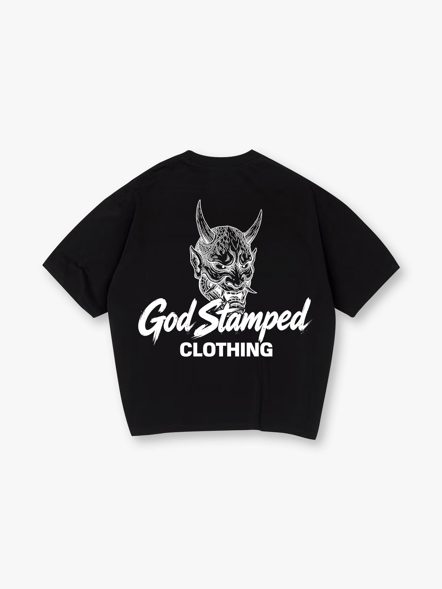 Japanese Hannya Oni Demon Mask God Stamped Clothing Brush Text Back Print T-Shirt