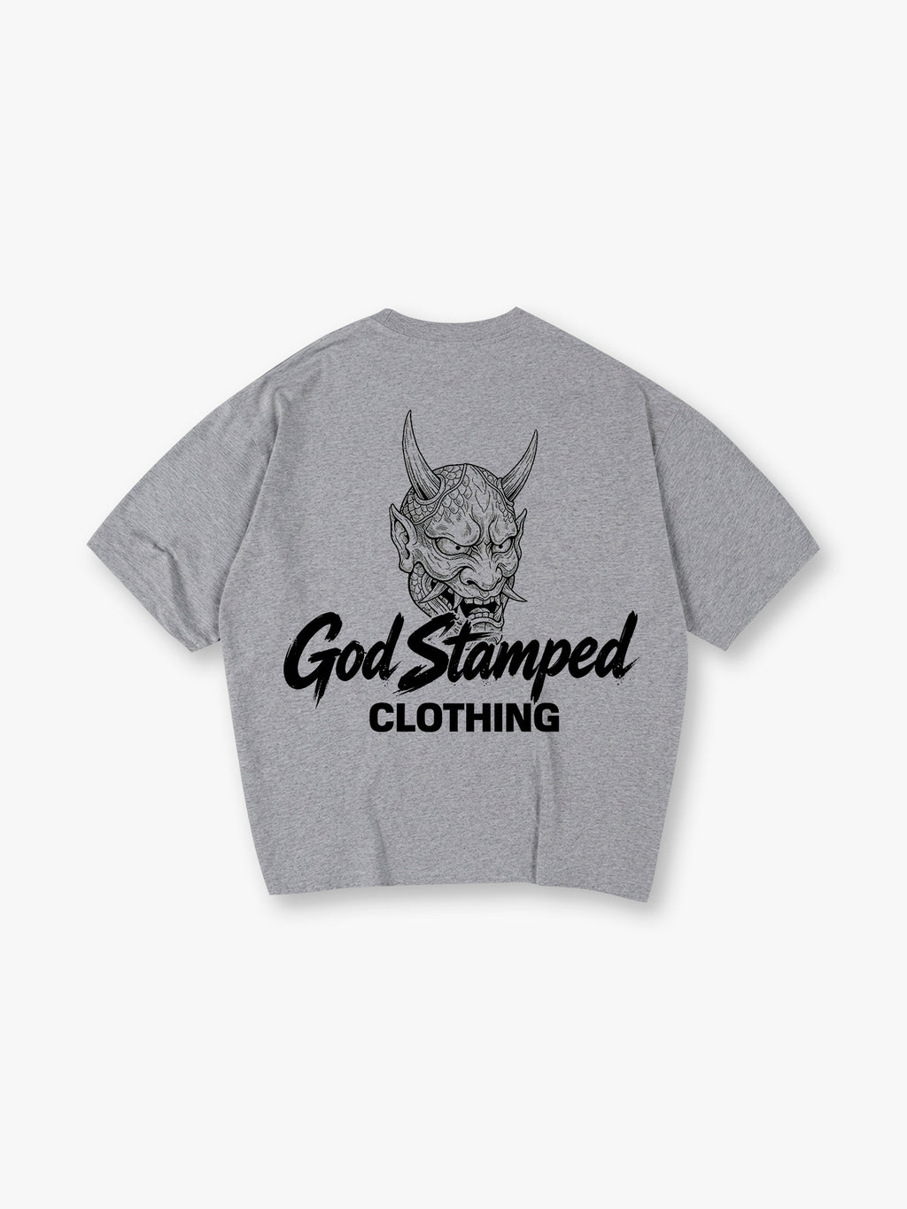 Japanese Hannya Oni Demon Mask God Stamped Clothing Brush Text Back Print T-Shirt