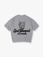 Japanese Hannya Oni Demon Mask God Stamped Clothing Brush Text Back Print T-Shirt