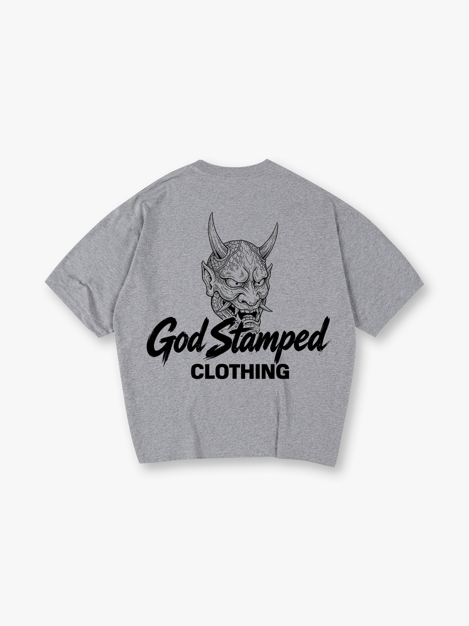 Japanese Hannya Oni Demon Mask God Stamped Clothing Brush Text Back Print T-Shirt