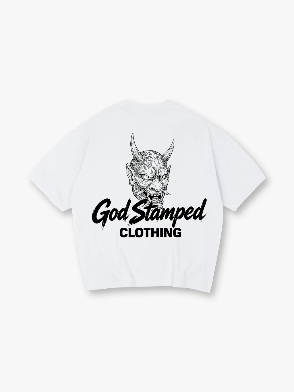 Japanese Hannya Oni Demon Mask God Stamped Clothing Brush Text Back Print T-Shirt