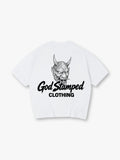 Japanese Hannya Oni Demon Mask God Stamped Clothing Brush Text Back Print T-Shirt