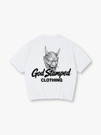 Japanese Hannya Oni Demon Mask God Stamped Clothing Brush Text Back Print T-Shirt