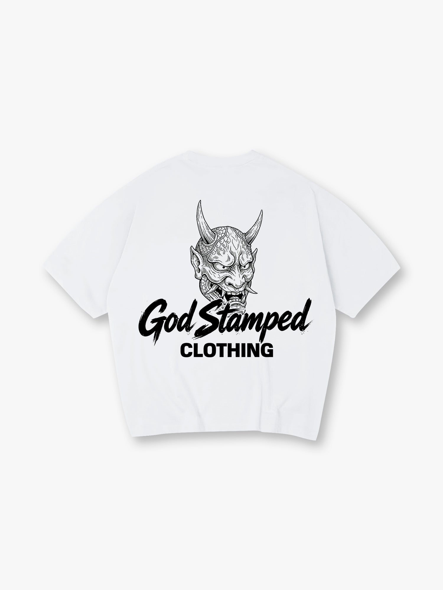 Japanese Hannya Oni Demon Mask God Stamped Clothing Brush Text Back Print T-Shirt