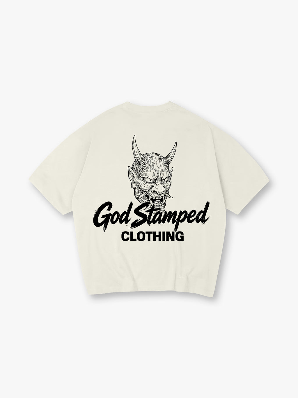 Japanese Hannya Oni Demon Mask God Stamped Clothing Brush Text Back Print T-Shirt