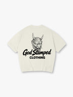 Japanese Hannya Oni Demon Mask God Stamped Clothing Brush Text Back Print T-Shirt