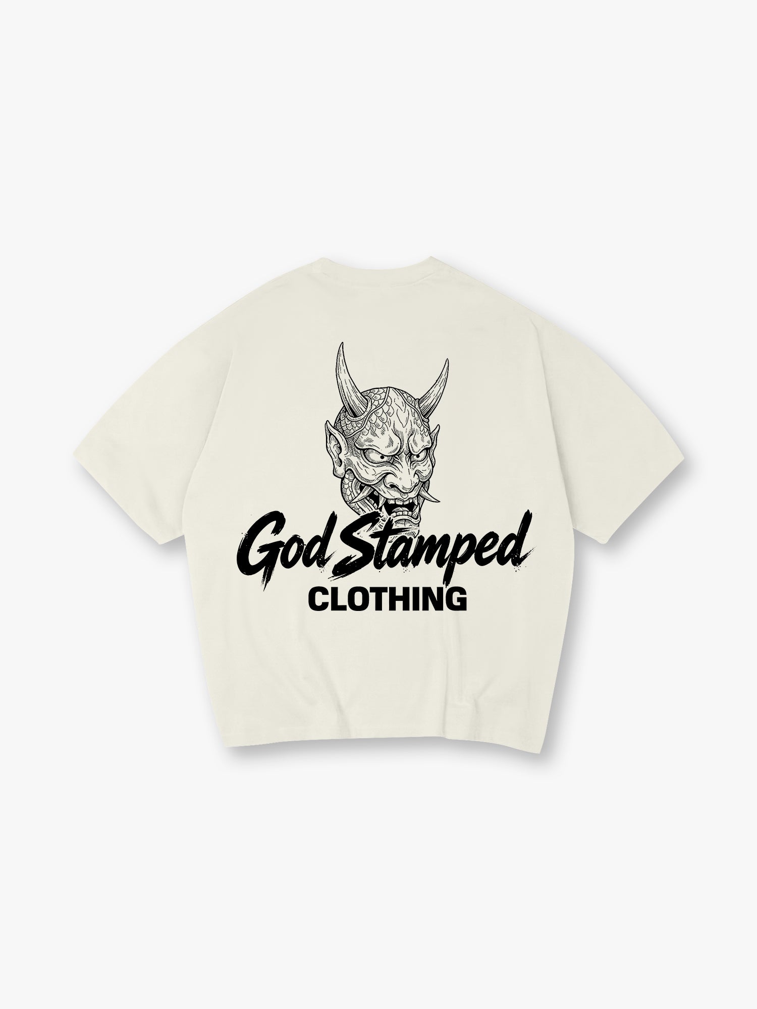 Japanese Hannya Oni Demon Mask God Stamped Clothing Brush Text Back Print T-Shirt