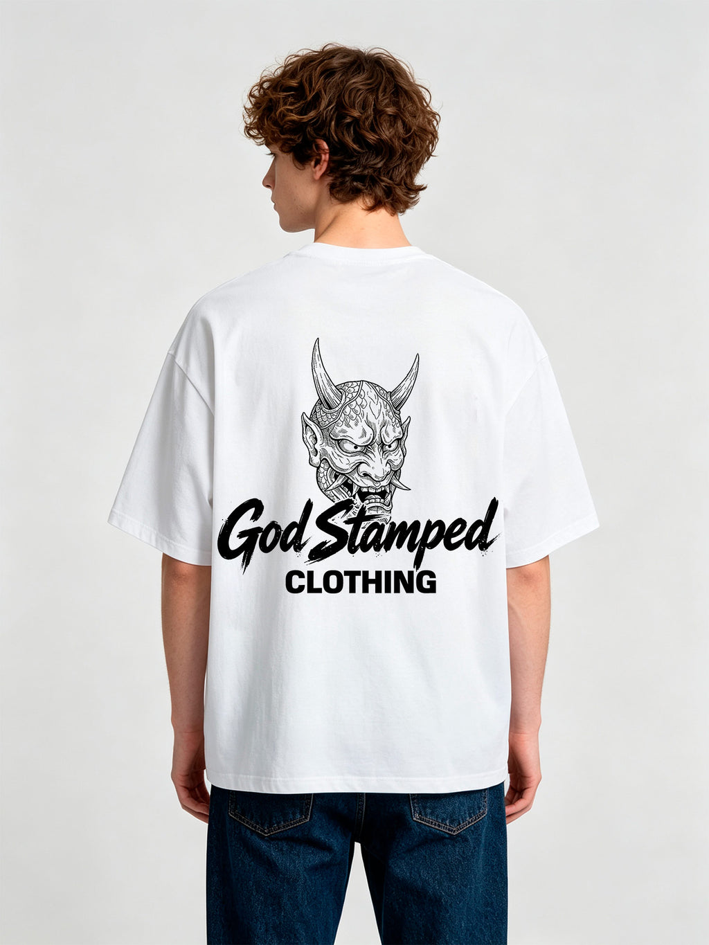 Japanese Hannya Oni Demon Mask God Stamped Clothing Brush Text Back Print T-Shirt