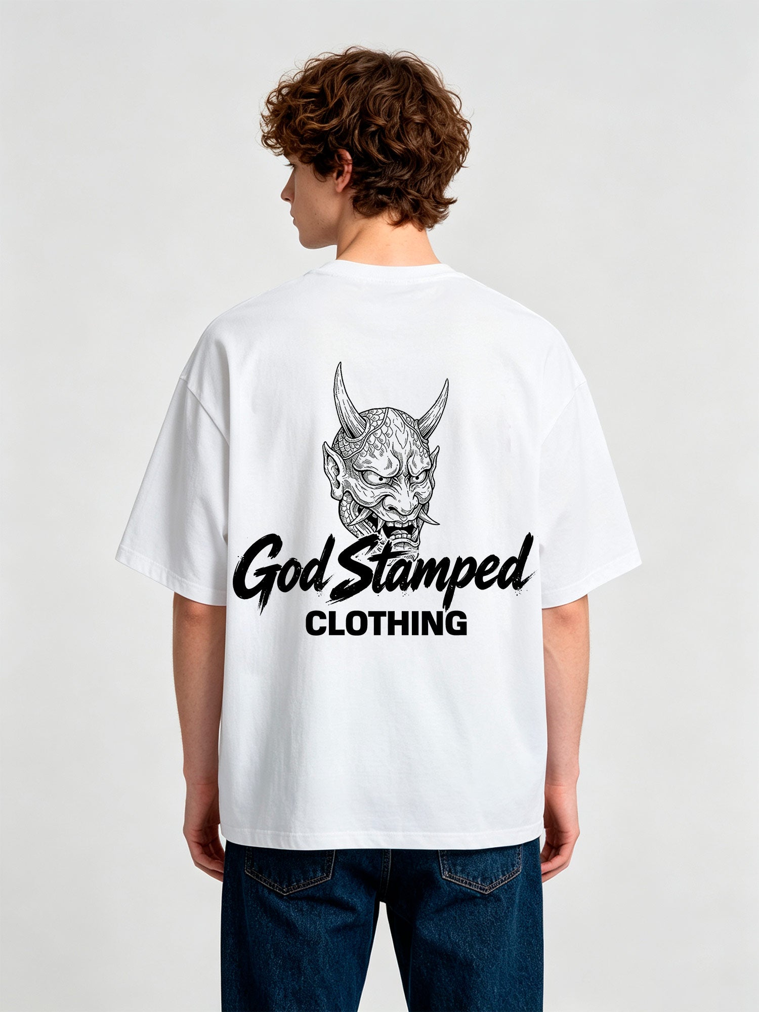 Japanese Hannya Oni Demon Mask God Stamped Clothing Brush Text Back Print T-Shirt