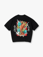 Vibrant Orange Japanese Koi Carp Lotus Wave Lucky Kanji Fortune Rising Print T-Shirt