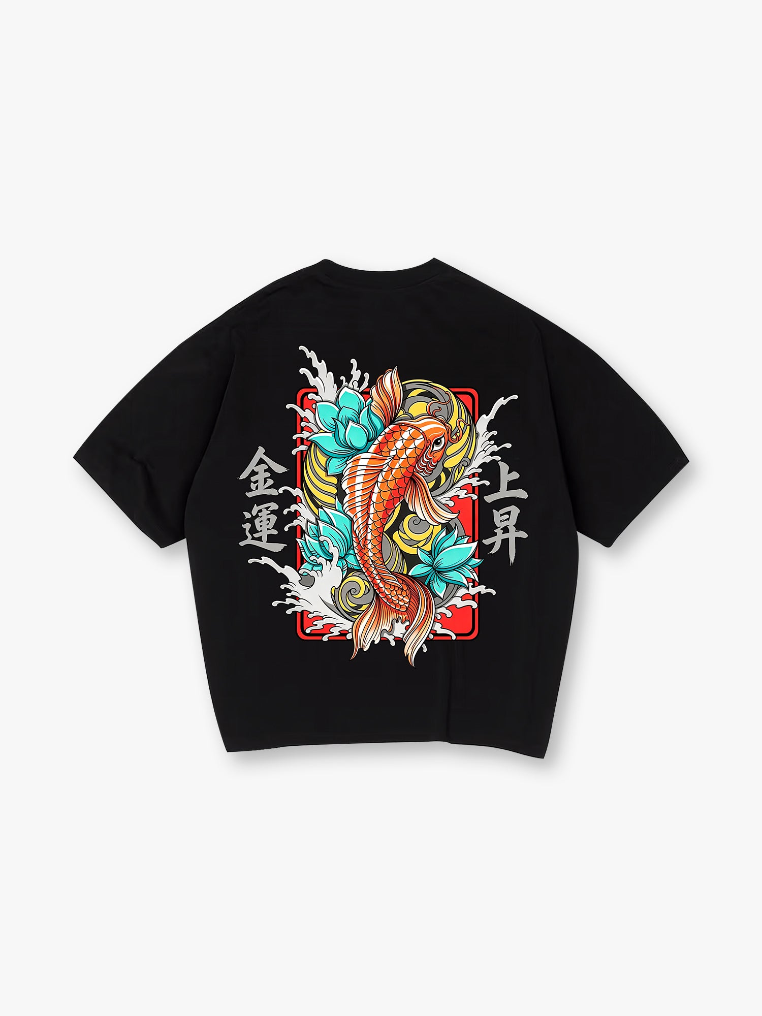 Vibrant Orange Japanese Koi Carp Lotus Wave Lucky Kanji Fortune Rising Print T-Shirt
