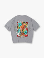 Vibrant Orange Japanese Koi Carp Lotus Wave Lucky Kanji Fortune Rising Print T-Shirt