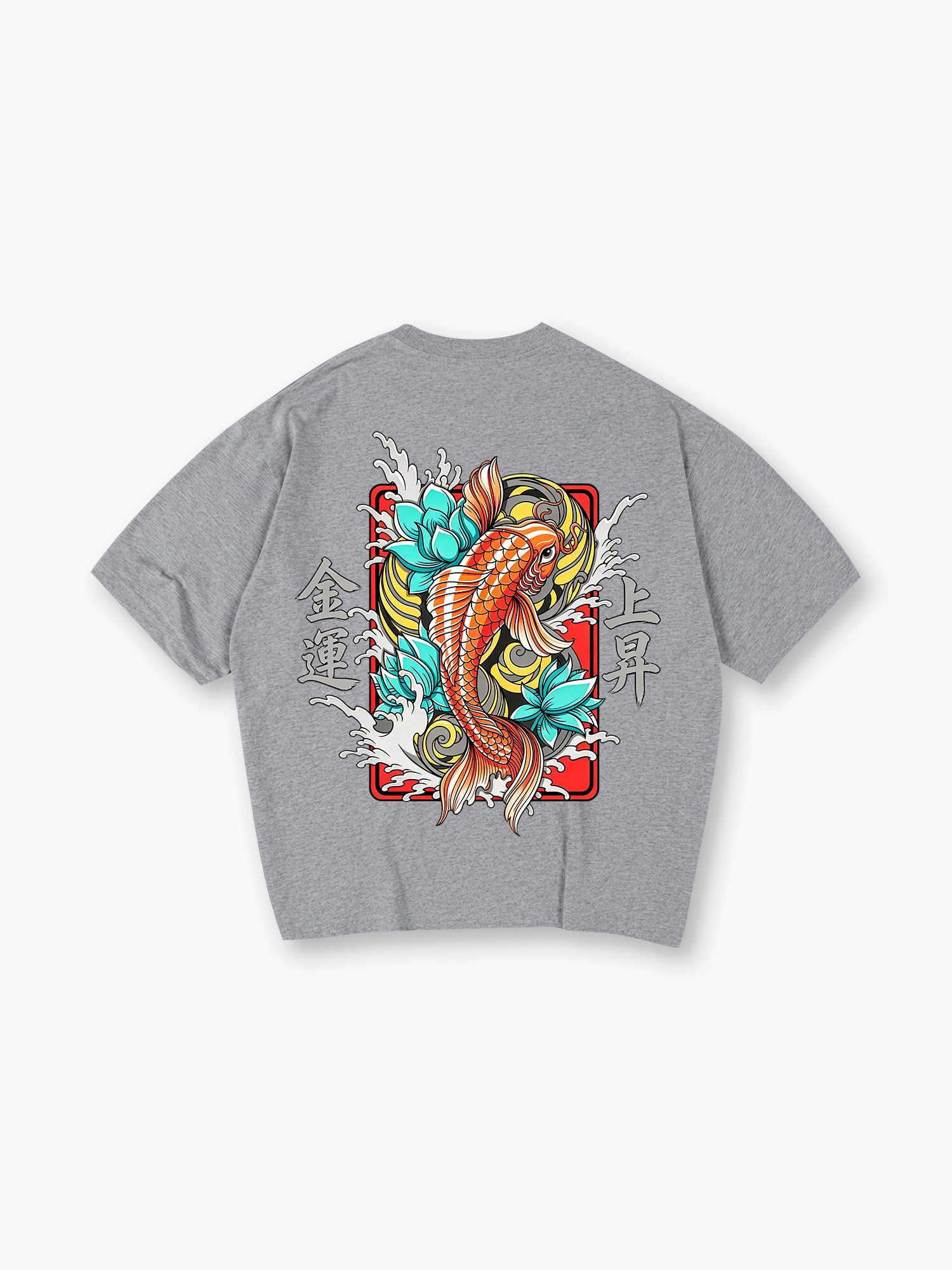 Vibrant Orange Japanese Koi Carp Lotus Wave Lucky Kanji Fortune Rising Print T-Shirt
